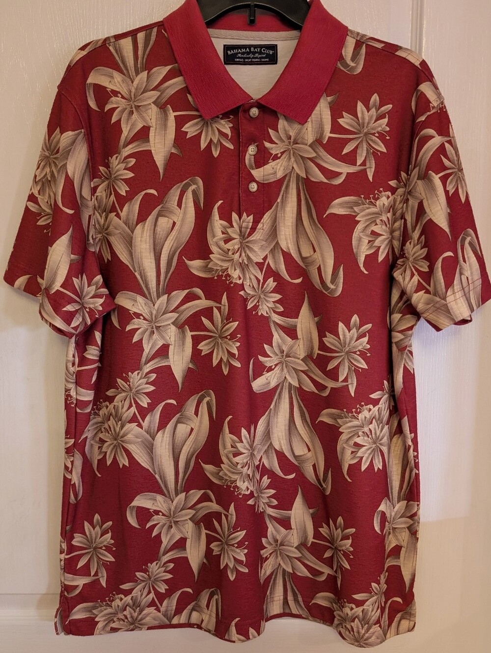 Bahama Bay Club Tropical Print Short Sleeve Polo. Size Large. Rust/Beige